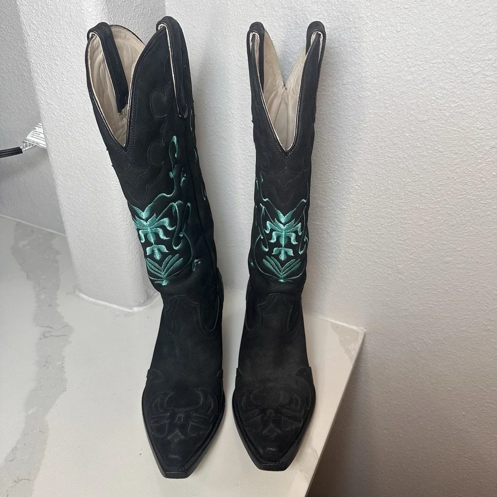 Lane Cowgirl Boots Black Suede Turquoise Embroidered Obsidian Strut 8.5 Festival